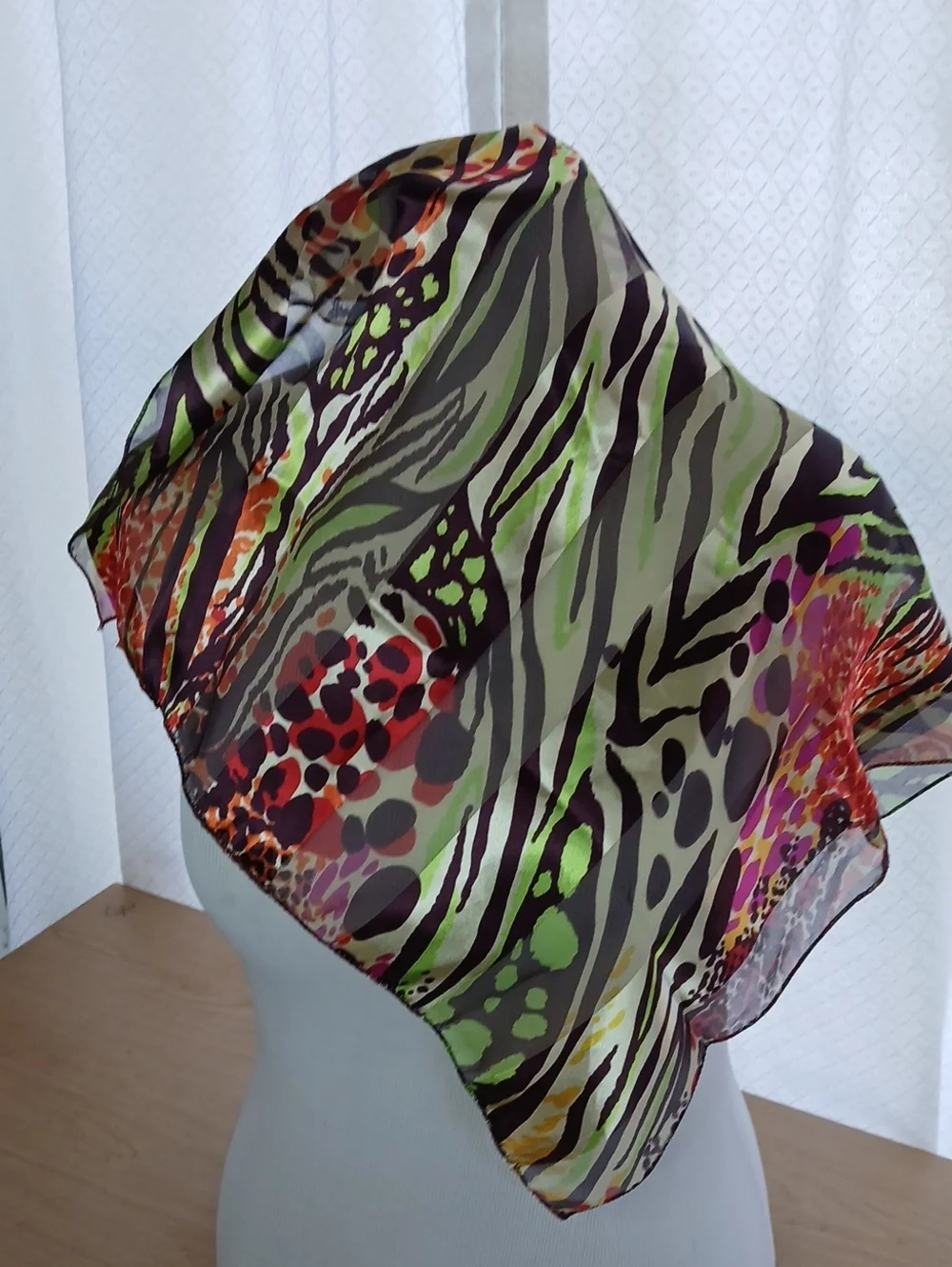 Vibrant Animal-Print Silky Square Scarf in Green, Orange & Pink